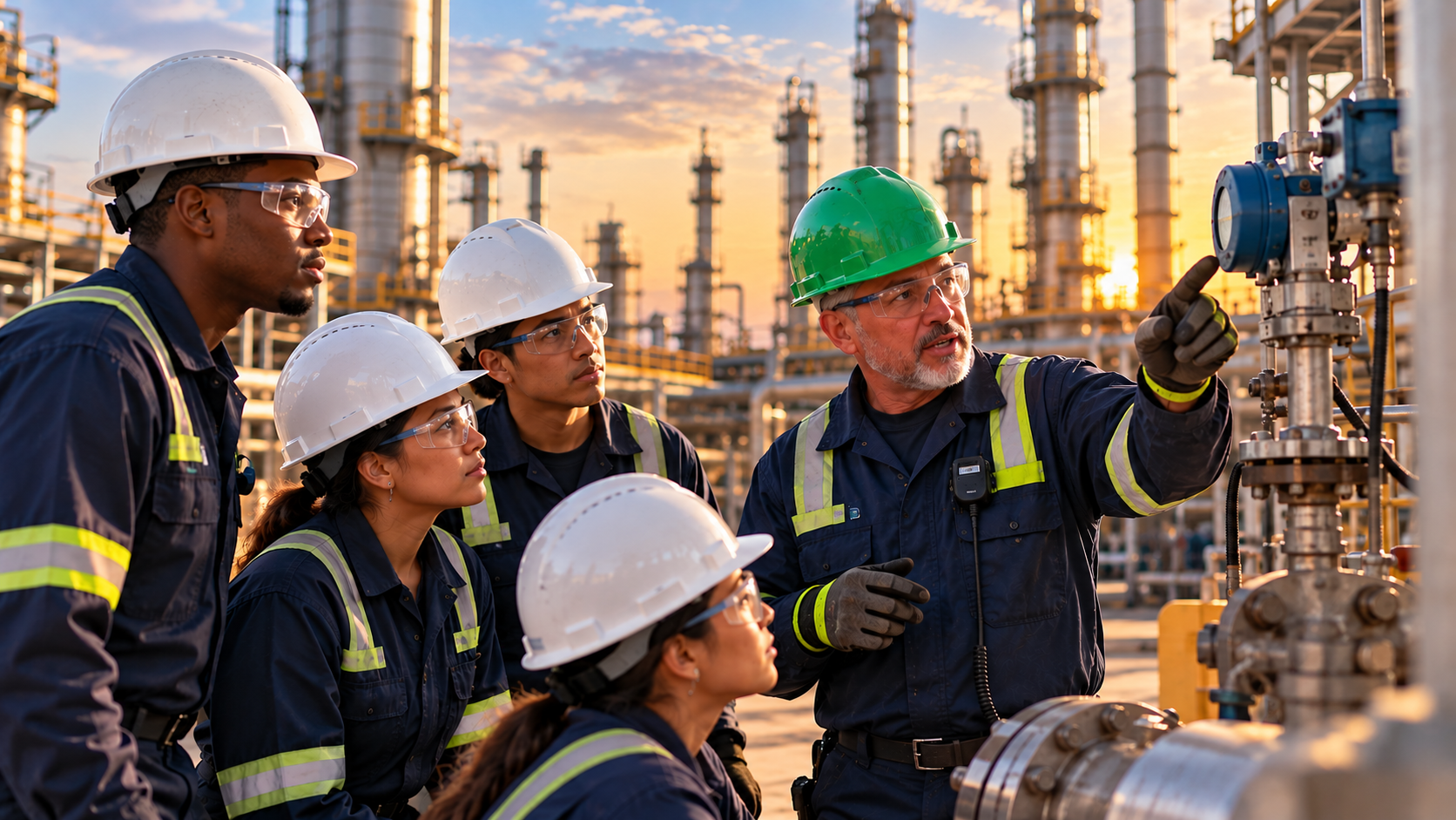Employees participating in technical training in an industrial facility